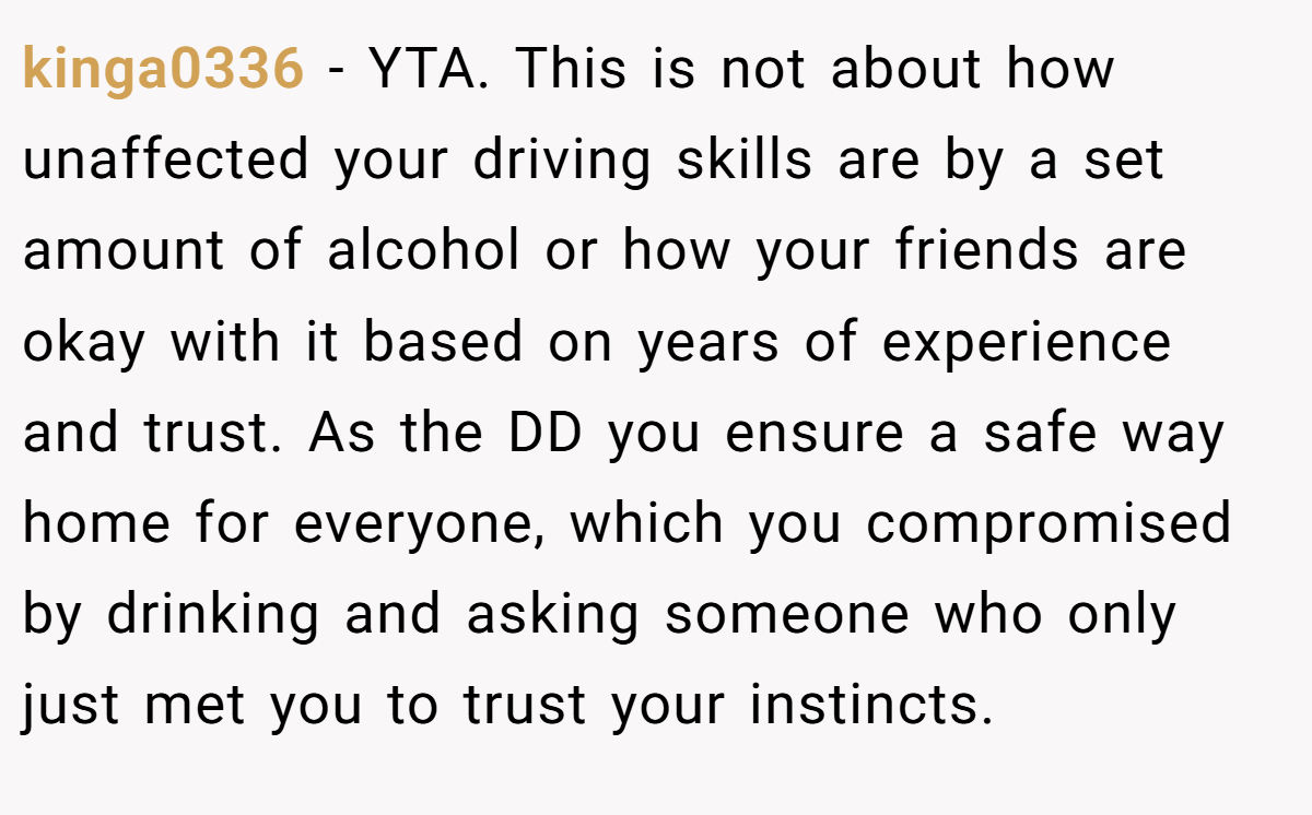 kinga0336 - YTA. This is not about how unaffected your driving skills are by a set amount of alcohol or how your friends are okay with it based on years of experience and trust. As the DD you ensure a safe way home for everyone, which you compromised by drinking and asking someone who only just met you to trust your instincts.