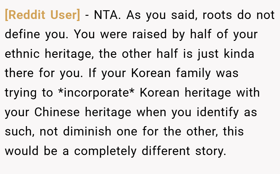 [Reddit User] − NTA. As you said, roots do not define you. You were raised by half of your ethnic heritage, the other half is just kinda there for you. If your Korean family was trying to *incorporate* Korean heritage with your Chinese heritage when you identify as such, not diminish one for the other, this would be a completely different story.