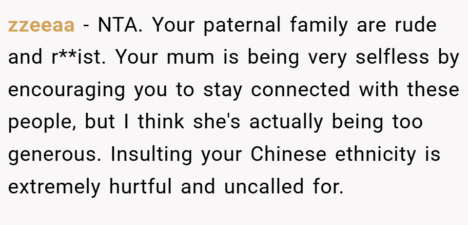 zzeeaa − NTA. Your paternal family are rude and r**ist. Your mum is being very selfless by encouraging you to stay connected with these people, but I think she's actually being too generous. Insulting your Chinese ethnicity is extremely hurtful and uncalled for.