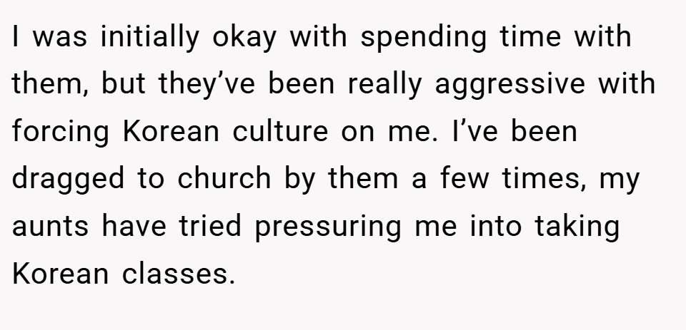 I was initially okay with spending time with them, but they’ve been really aggressive with forcing Korean culture on me. I’ve been dragged to church by them a few times, my aunts have tried pressuring me into taking Korean classes.