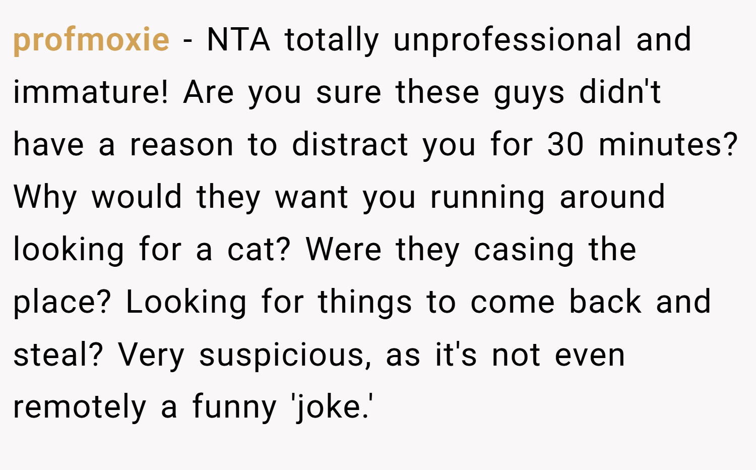 profmoxie − NTA totally unprofessional and immature! Are you sure these guys didn't have a reason to distract you for 30 minutes? Why would they want you running around looking for a cat? Were they casing the place? Looking for things to come back and steal? Very suspicious, as it's not even remotely a funny 'joke.'