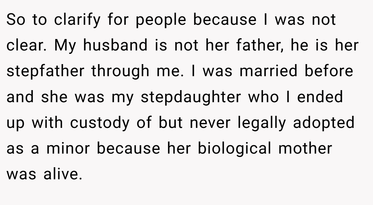 So to clarify for people because I was not clear. My husband is not her father, he is her stepfather through me. I was married before and she was my stepdaughter who I ended up with custody of but never legally adopted as a minor because her biological mother was alive.