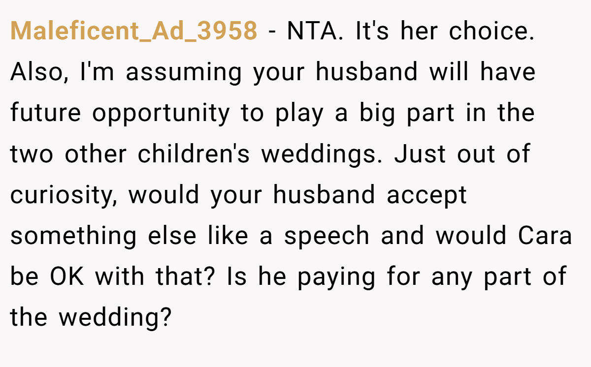 Maleficent_Ad_3958 − NTA. It's her choice. Also, I'm assuming your husband will have future opportunity to play a big part in the two other children's weddings. Just out of curiosity, would your husband accept something else like a speech and would Cara be OK with that? Is he paying for any part of the wedding?