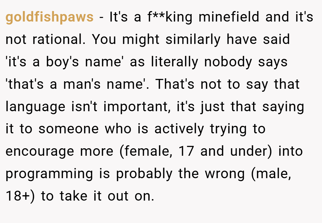 goldfishpaws − It's a f**king minefield and it's not rational. You might similarly have said 'it's a boy's name' as literally nobody says 'that's a man's name'. That's not to say that language isn't important, it's just that saying it to someone who is actively trying to encourage more (female, 17 and under) into programming is probably the wrong (male, 18+) to take it out on.