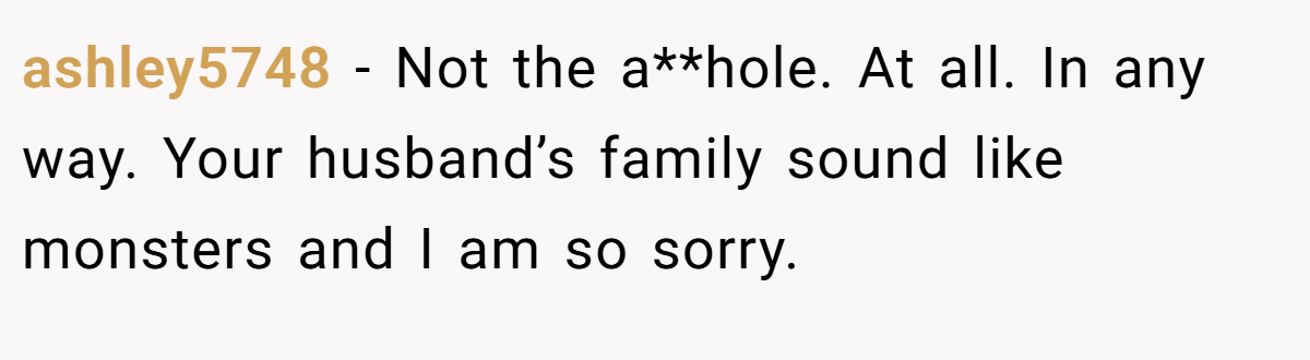 ashley5748 - Not the a**hole. At all. In any way. Your husband’s family sound like monsters and I am so sorry.