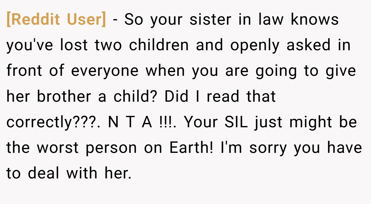 [Reddit User] - So your sister in law knows you've lost two children and openly asked in front of everyone when you are going to give her brother a child? Did I read that correctly???. N T A !!!. Your SIL just might be the worst person on Earth! I'm sorry you have to deal with her.