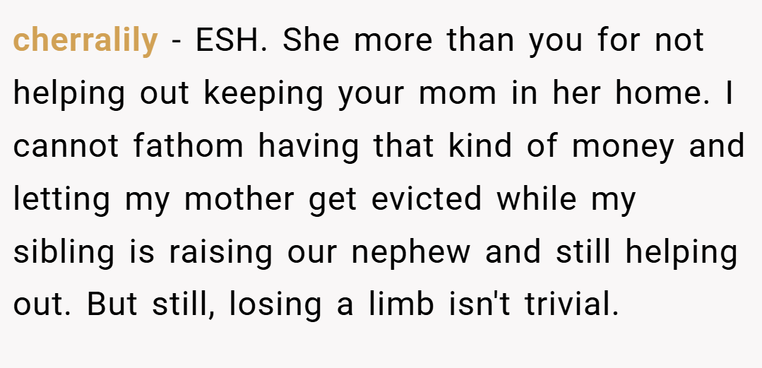 cherralily − ESH. She more than you for not helping out keeping your mom in her home. I cannot fathom having that kind of money and letting my mother get evicted while my sibling is raising our nephew and still helping out. But still, losing a limb isn't trivial.