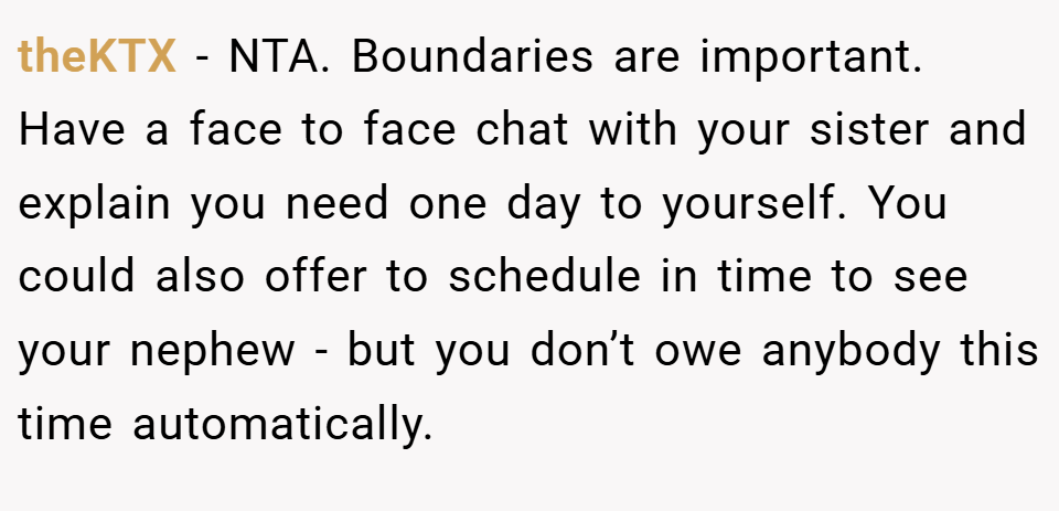 theKTX − NTA. Boundaries are important. Have a face to face chat with your sister and explain you need one day to yourself. You could also offer to schedule in time to see your nephew - but you don’t owe anybody this time automatically.