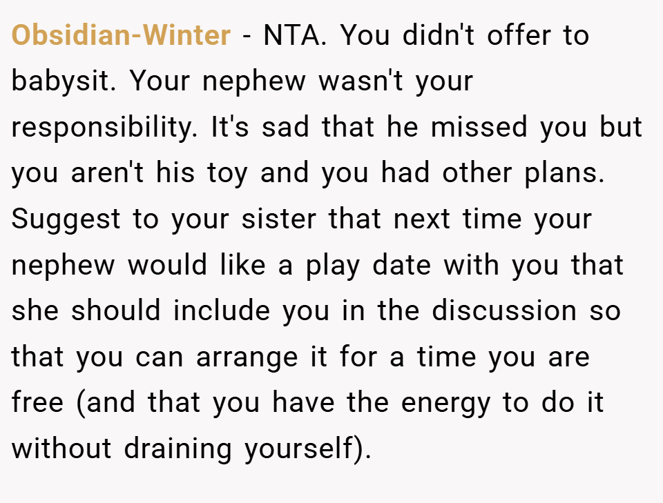 Obsidian-Winter − NTA. You didn't offer to babysit. Your nephew wasn't your responsibility. It's sad that he missed you but you aren't his toy and you had other plans. Suggest to your sister that next time your nephew would like a play date with you that she should include you in the discussion so that you can arrange it for a time you are free (and that you have the energy to do it without draining yourself).