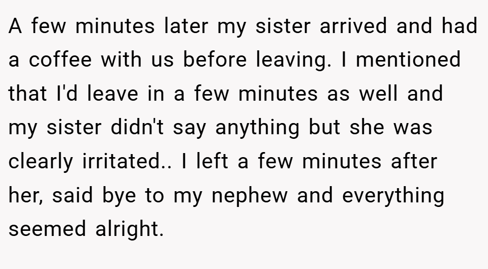A few minutes later my sister arrived and had a coffee with us before leaving. I mentioned that I'd leave in a few minutes as well and my sister didn't say anything but she was clearly irritated.. I left a few minutes after her, said bye to my nephew and everything seemed alright.