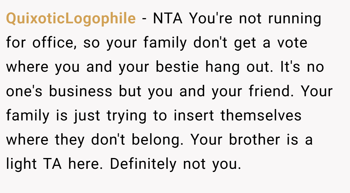 QuixoticLogophile − NTA You're not running for office, so your family don't get a vote where you and your bestie hang out. It's no one's business but you and your friend. Your family is just trying to insert themselves where they don't belong. Your brother is a light TA here. Definitely not you.