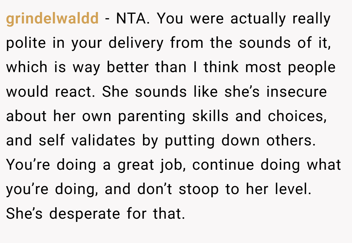 grindelwaldd − NTA. You were actually really polite in your delivery from the sounds of it, which is way better than I think most people would react. She sounds like she’s insecure about her own parenting skills and choices, and self validates by putting down others. You’re doing a great job, continue doing what you’re doing, and don’t stoop to her level. She’s desperate for that.