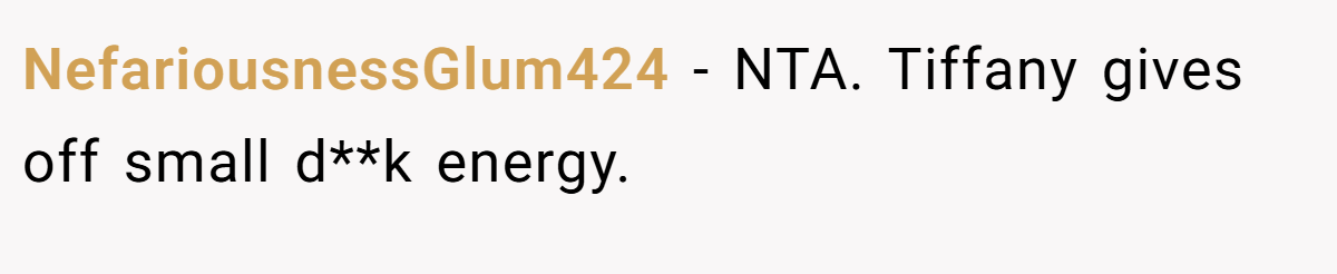 NefariousnessGlum424 − NTA. Tiffany gives off small d**k energy.