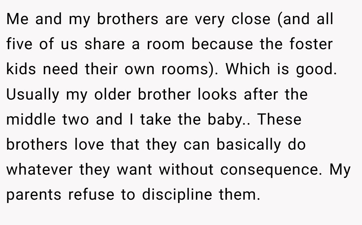 Me and my brothers are very close (and all five of us share a room because the foster kids need their own rooms). Which is good. Usually my older brother looks after the middle two and I take the baby.. These brothers love that they can basically do whatever they want without consequence. My parents refuse to discipline them.