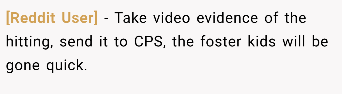 [Reddit User] - Take video evidence of the hitting, send it to CPS, the foster kids will be gone quick.