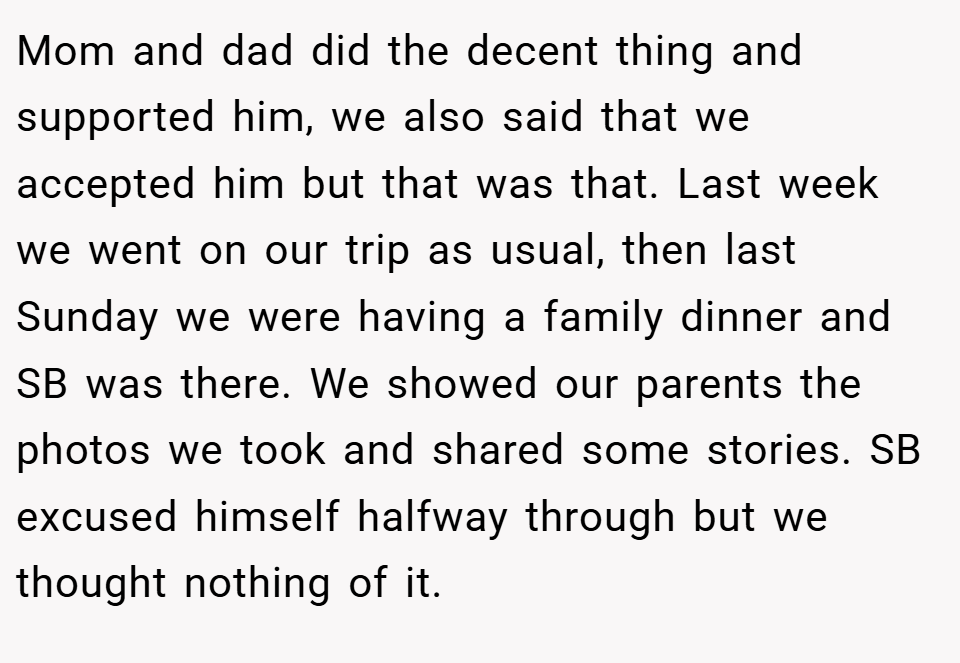 Mom and dad did the decent thing and supported him, we also said that we accepted him but that was that. Last week we went on our trip as usual, then last Sunday we were having a family dinner and SB was there. We showed our parents the photos we took and shared some stories. SB excused himself halfway through but we thought nothing of it.