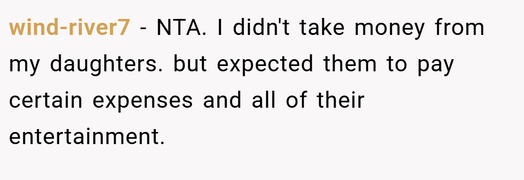 wind-river7 − NTA. I didn't take money from my daughters. but expected them to pay certain expenses and all of their entertainment.