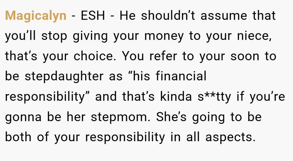 Magicalyn − ESH - He shouldn’t assume that you’ll stop giving your money to your niece, that’s your choice. You refer to your soon to be stepdaughter as “his financial responsibility” and that’s kinda s**tty if you’re gonna be her stepmom. She’s going to be both of your responsibility in all aspects.