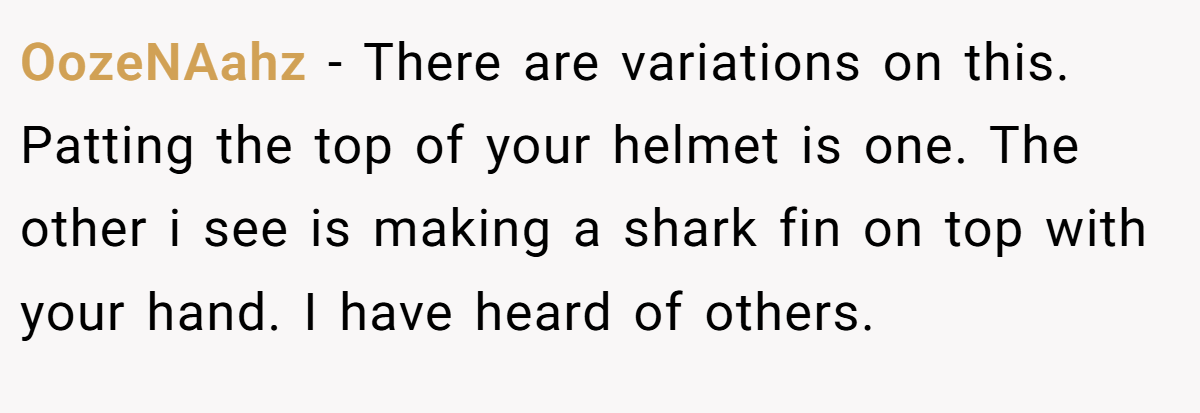 OozeNAahz − There are variations on this. Patting the top of your helmet is one. The other i see is making a shark fin on top with your hand. I have heard of others.