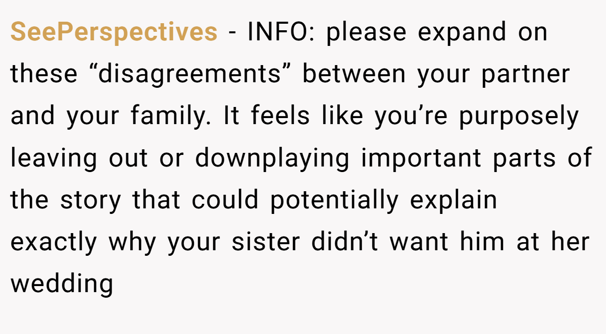 SeePerspectives − INFO: please expand on these “disagreements” between your partner and your family. It feels like you’re purposely leaving out or downplaying important parts of the story that could potentially explain exactly why your sister didn’t want him at her wedding
