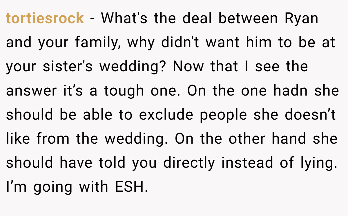 tortiesrock − What's the deal between Ryan and your family, why didn't want him to be at your sister's wedding? Now that I see the answer it’s a tough one. On the one hadn she should be able to exclude people she doesn’t like from the wedding. On the other hand she should have told you directly instead of lying. I’m going with ESH.