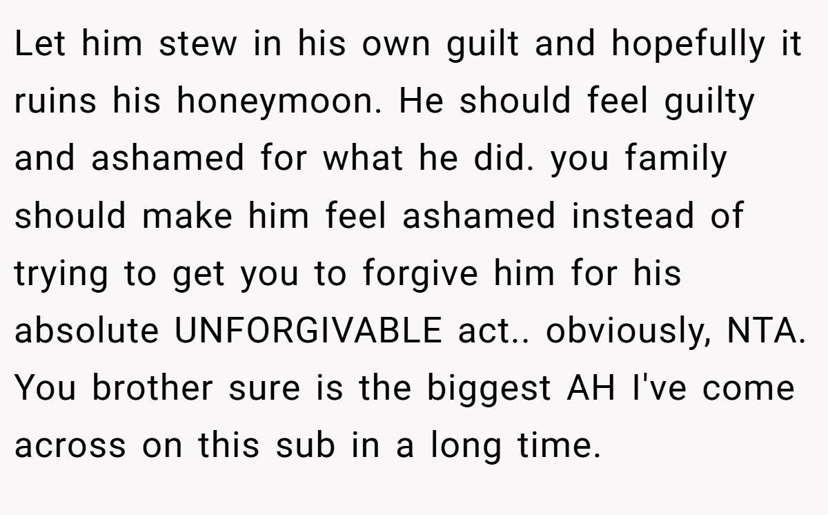 Let him stew in his own guilt and hopefully it ruins his honeymoon. He should feel guilty and ashamed for what he did. you family should make him feel ashamed instead of trying to get you to forgive him for his absolute UNFORGIVABLE act.. obviously, NTA. You brother sure is the biggest AH I've come across on this sub in a long time.