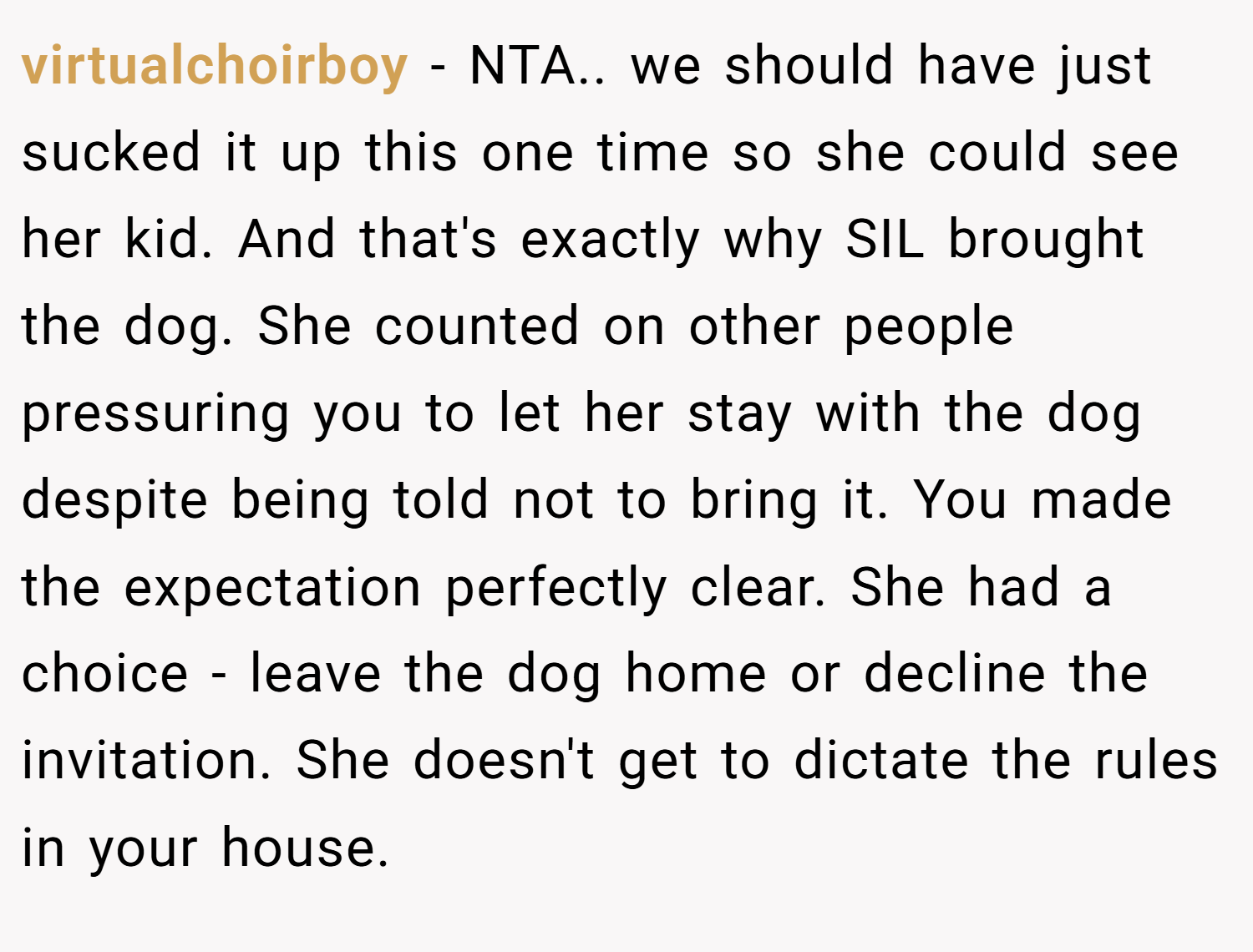 virtualchoirboy − NTA.. we should have just sucked it up this one time so she could see her kid. And that's exactly why SIL brought the dog. She counted on other people pressuring you to let her stay with the dog despite being told not to bring it. You made the expectation perfectly clear. She had a choice - leave the dog home or decline the invitation. She doesn't get to dictate the rules in your house.