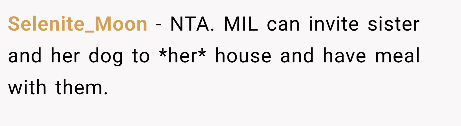 Selenite_Moon − NTA. MIL can invite sister and her dog to *her* house and have meal with them.