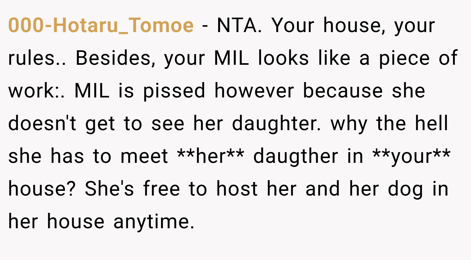 000-Hotaru_Tomoe − NTA. Your house, your rules.. Besides, your MIL looks like a piece of work:. MIL is pissed however because she doesn't get to see her daughter. why the hell she has to meet **her** daugther in **your** house? She's free to host her and her dog in her house anytime.