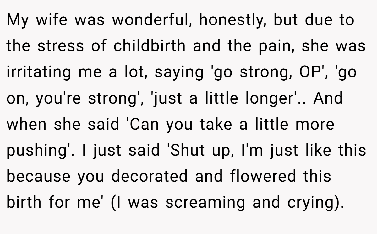 My wife was wonderful, honestly, but due to the stress of childbirth and the pain, she was irritating me a lot, saying 'go strong, OP', 'go on, you're strong', 'just a little longer'.. And when she said 'Can you take a little more pushing'. I just said 'Shut up, I'm just like this because you decorated and flowered this birth for me' (I was screaming and crying).