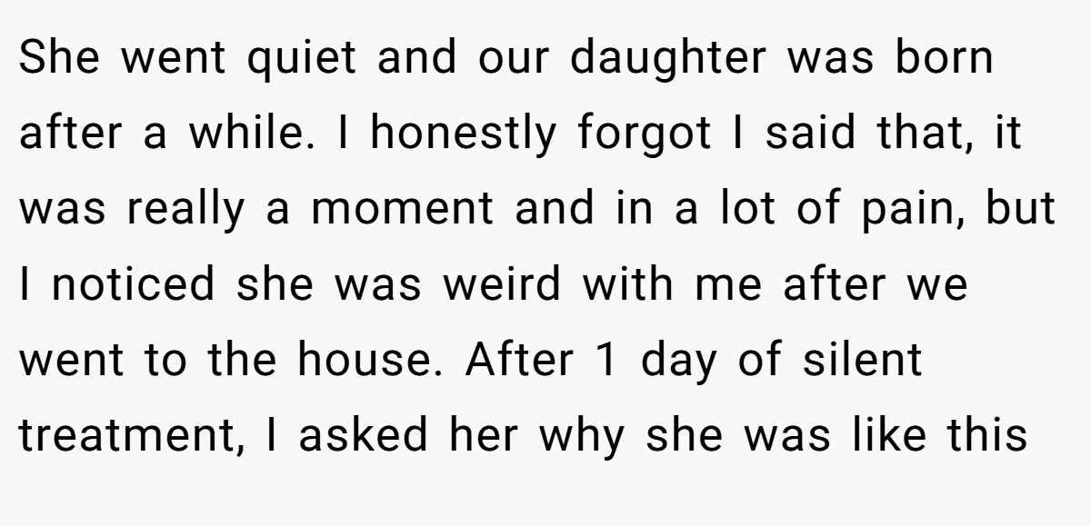 She went quiet and our daughter was born after a while. I honestly forgot I said that, it was really a moment and in a lot of pain, but I noticed she was weird with me after we went to the house. After 1 day of silent treatment, I asked her why she was like this
