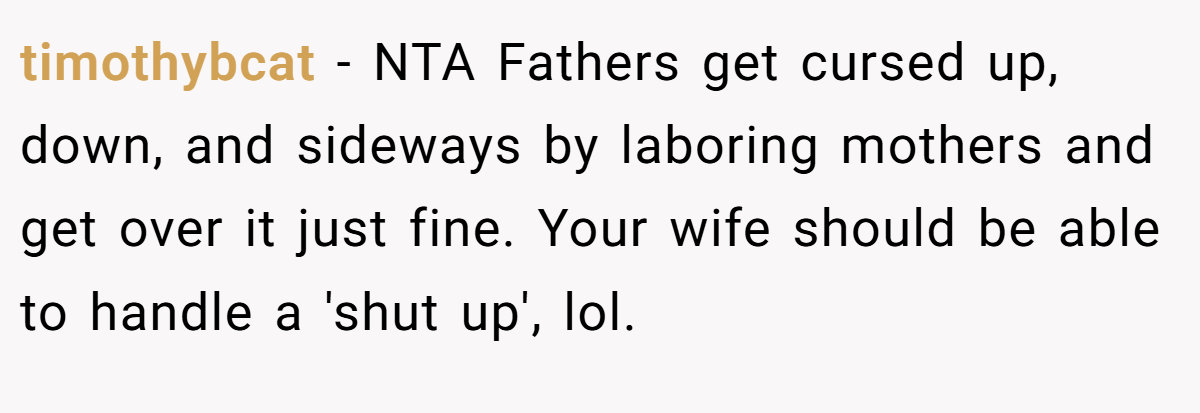 timothybcat - NTA Fathers get cursed up, down, and sideways by laboring mothers and get over it just fine. Your wife should be able to handle a 'shut up', lol.