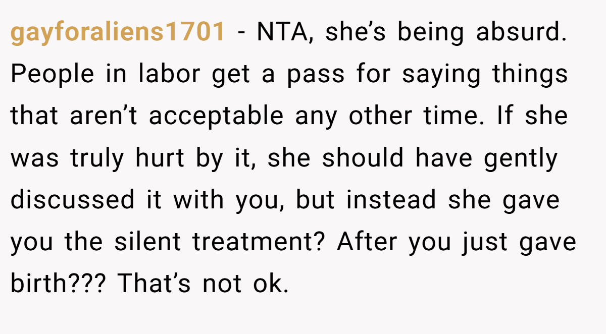 gayforaliens1701 - NTA, she’s being absurd. People in labor get a pass for saying things that aren’t acceptable any other time. If she was truly hurt by it, she should have gently discussed it with you, but instead she gave you the silent treatment? After you just gave birth??? That’s not ok.
