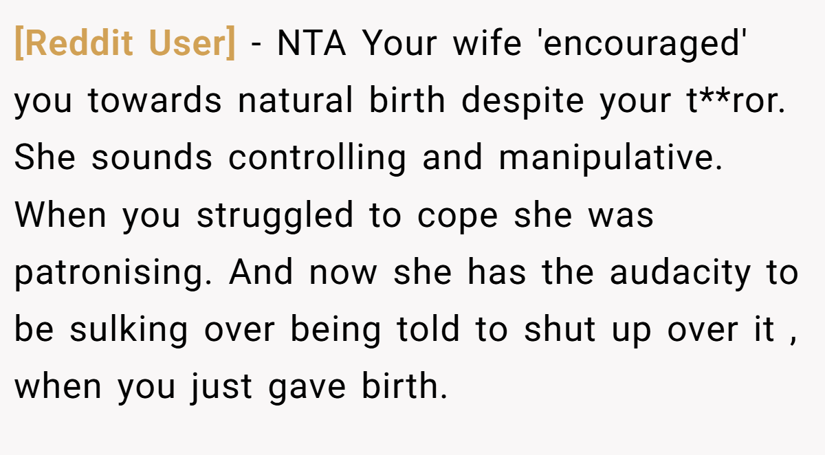 [Reddit User] - NTA Your wife 'encouraged' you towards natural birth despite your t**ror. She sounds controlling and manipulative. When you struggled to cope she was patronising. And now she has the audacity to be sulking over being told to shut up over it , when you just gave birth.