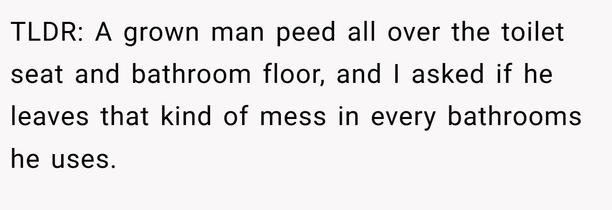 TLDR: A grown man peed all over the toilet seat and bathroom floor, and I asked if he leaves that kind of mess in every bathrooms he uses.