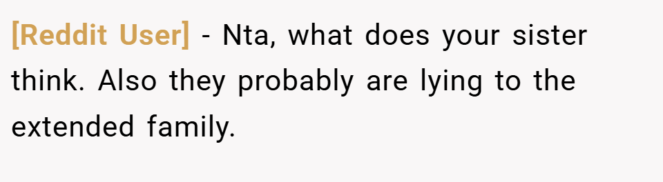 [Reddit User] − Nta, what does your sister think. Also they probably are lying to the extended family.