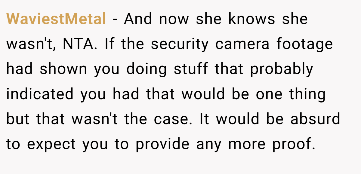 WaviestMetal − And now she knows she wasn't, NTA. If the security camera footage had shown you doing stuff that probably indicated you had that would be one thing but that wasn't the case. It would be absurd to expect you to provide any more proof.