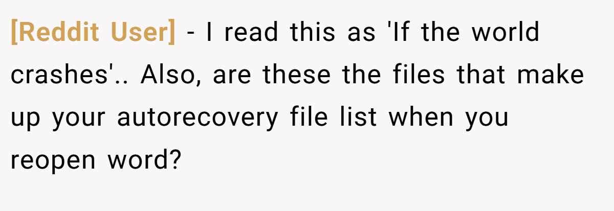 [Reddit User] − I read this as 'If the world crashes'.. Also, are these the files that make up your autorecovery file list when you reopen word?