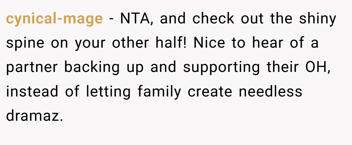 cynical-mage - NTA, and check out the shiny spine on your other half! Nice to hear of a partner backing up and supporting their OH, instead of letting family create needless dramaz.