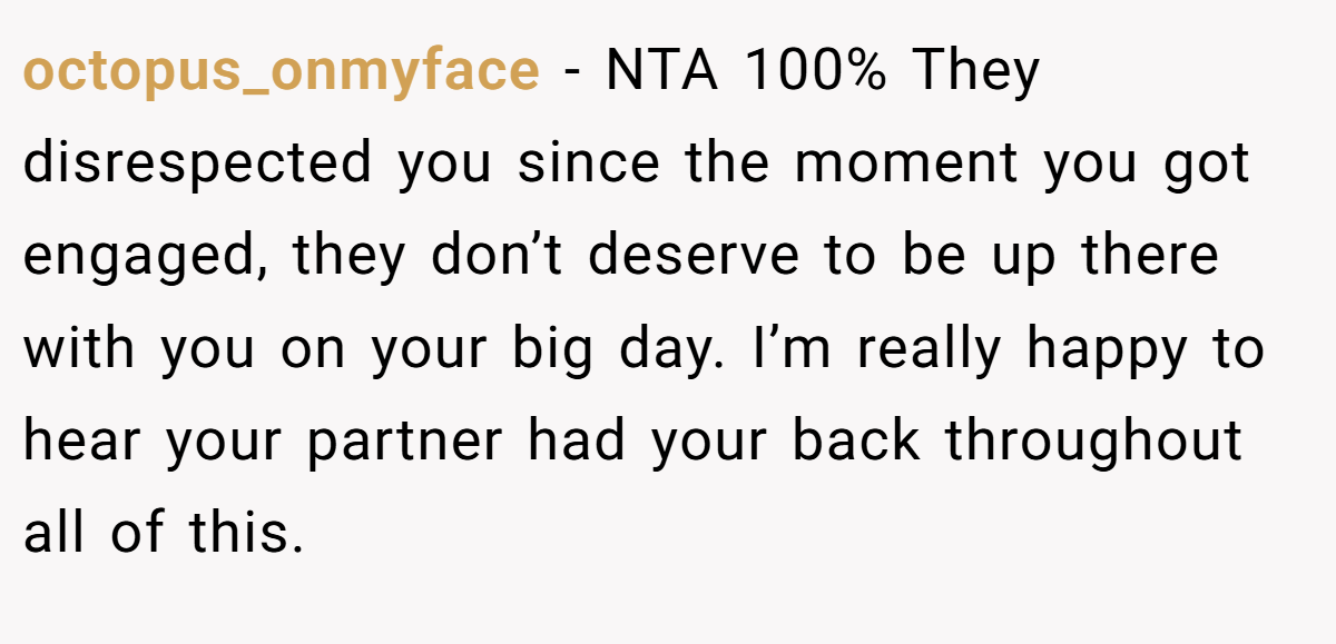 octopus_onmyface - NTA 100% They disrespected you since the moment you got engaged, they don’t deserve to be up there with you on your big day. I’m really happy to hear your partner had your back throughout all of this.