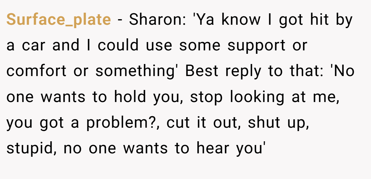 Surface_plate - Sharon: 'Ya know I got hit by a car and I could use some support or comfort or something' Best reply to that: 'No one wants to hold you, stop looking at me, you got a problem?, cut it out, shut up, stupid, no one wants to hear you'