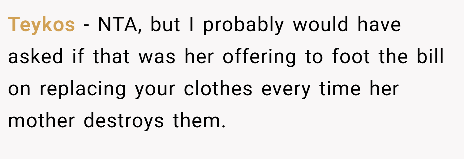 Teykos − NTA, but I probably would have asked if that was her offering to foot the bill on replacing your clothes every time her mother destroys them.