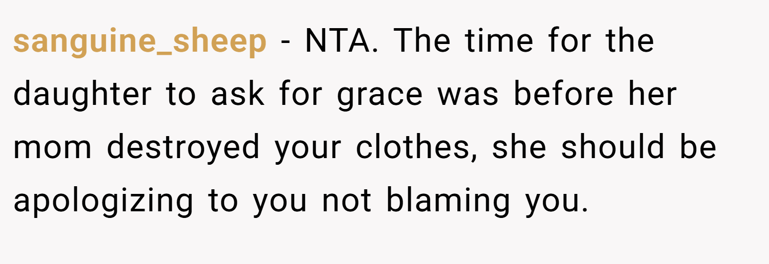 sanguine_sheep − NTA. The time for the daughter to ask for grace was before her mom destroyed your clothes, she should be apologizing to you not blaming you.