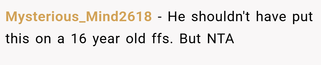 Mysterious_Mind2618 − He shouldn't have put this on a 16 year old ffs. But NTA