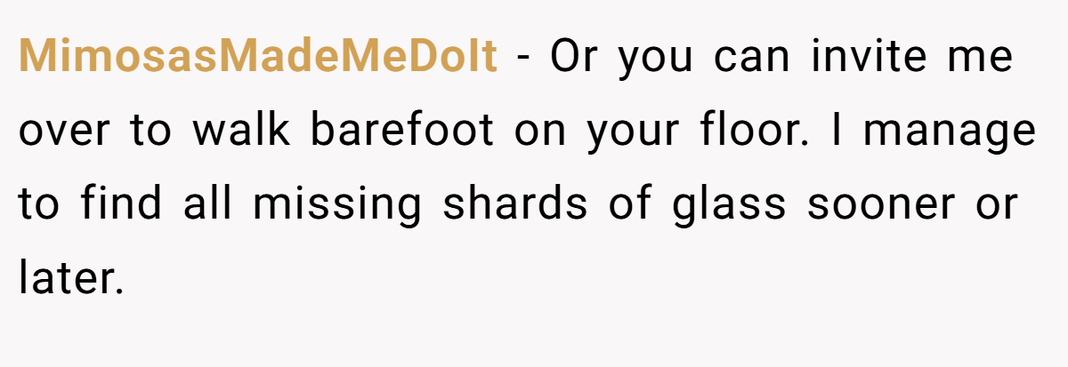 MimosasMadeMeDoIt − Or you can invite me over to walk barefoot on your floor. I manage to find all missing shards of glass sooner or later.