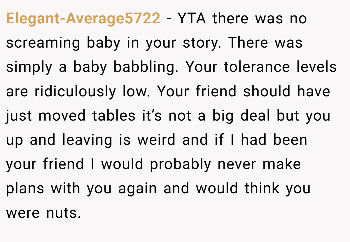 Elegant-Average5722 - YTA there was no screaming baby in your story. There was simply a baby babbling. Your tolerance levels are ridiculously low. Your friend should have just moved tables it’s not a big deal but you up and leaving is weird and if I had been your friend I would probably never make plans with you again and would think you were nuts.