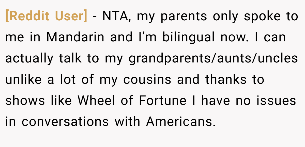 [Reddit User] - NTA, my parents only spoke to me in Mandarin and I’m bilingual now. I can actually talk to my grandparents/aunts/uncles unlike a lot of my cousins and thanks to shows like Wheel of Fortune I have no issues in conversations with Americans.