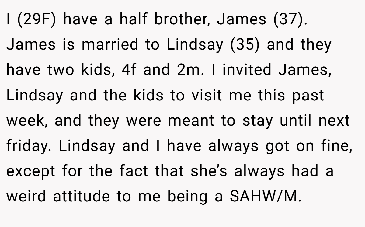 I (29F) have a half brother, James (37). James is married to Lindsay (35) and they have two kids, 4f and 2m. I invited James, Lindsay and the kids to visit me this past week, and they were meant to stay until next friday. Lindsay and I have always got on fine, except for the fact that she’s always had a weird attitude to me being a SAHW/M.