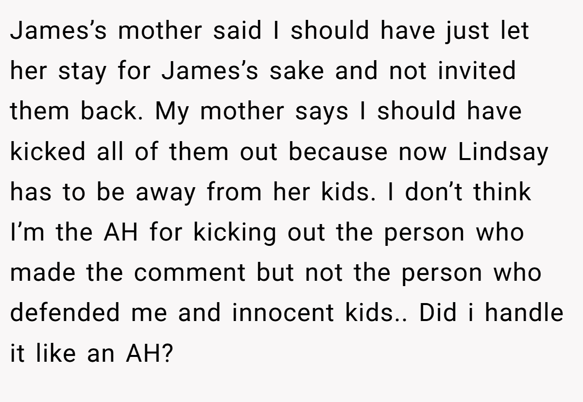 James’s mother said I should have just let her stay for James’s sake and not invited them back. My mother says I should have kicked all of them out because now Lindsay has to be away from her kids. I don’t think I’m the AH for kicking out the person who made the comment but not the person who defended me and innocent kids.. Did i handle it like an AH?