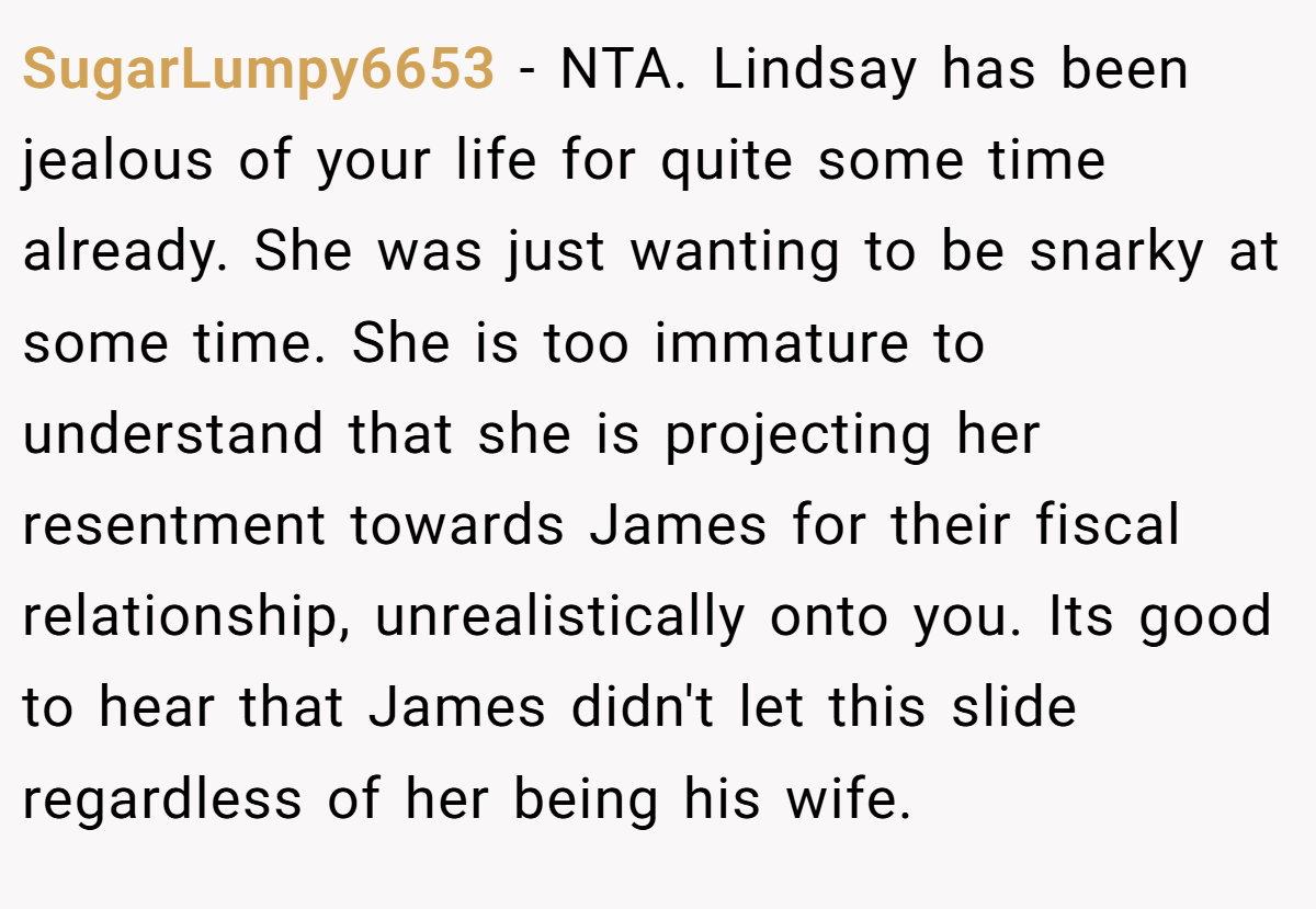 SugarLumpy6653 - NTA. Lindsay has been jealous of your life for quite some time already. She was just wanting to be snarky at some time. She is too immature to understand that she is projecting her resentment towards James for their fiscal relationship, unrealistically onto you. Its good to hear that James didn't let this slide regardless of her being his wife.